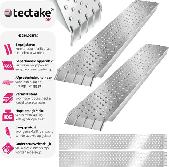 tectake® 2x Oprijplaten - Set van 2 Stalen Oprijplaten met Draagvermogen tot 400 kg - Antislip en Geperforeerd - Oprijplaat voor Auto, Aanhanger, Motorfiets, Zitmaaier, Rolstoel, Fiets (160 cm)