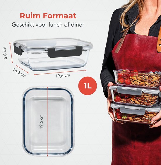 KitchenBrothers Meal Prep Bakjes - Glazen Vershoudbakjes - Luchtdicht - BPA Vrij - 1L - Glas - 5 Stuks