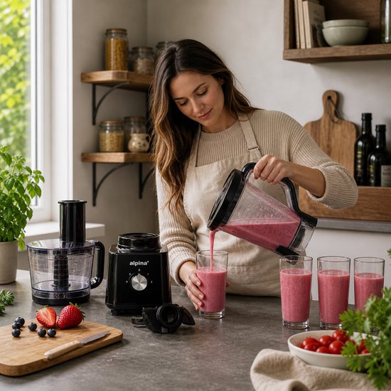alpina 3-in-1 Foodprocessor, Blender en Smoothie Maker - Keukenmachine Multifunctioneel - Groentesnijder - Hakmolen - 2L - BPA-Vrij - Vaatwasserbestendig - FP413GS - Zwart