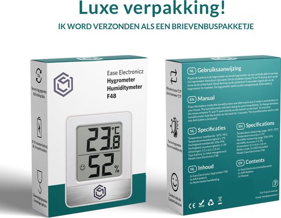 Ease Electronicz Hygrometer - Luchtvochtigheidsmeter - Digitaal Weerstation - Vochtigheidsmeter - Thermometer voor Binnen - Inclusief batterij