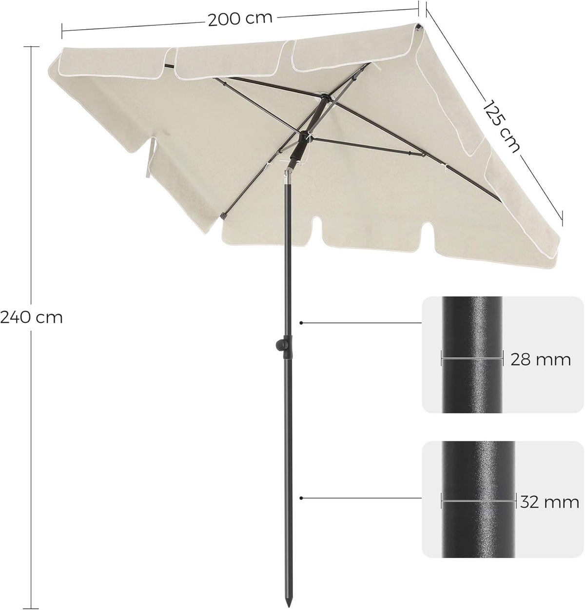 SONGMICS Rechthoekige Balkonparasol 200 x 125 cm, Beige, UV-bescherming tot UPF 50+, Kantelbaar