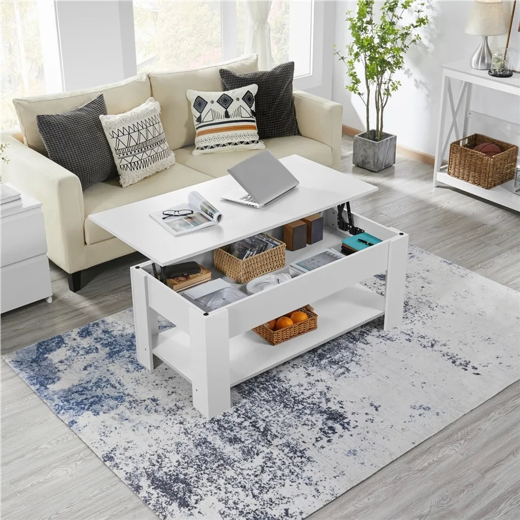 Yaheetech Salontafel In Hoogte Verstelbaar met Opbergruimte, 120x59x49,5 cm, Wit