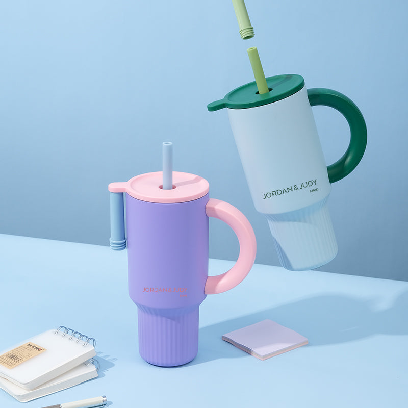 JORDAN&JUDY Subor dubbelwandige stalen beker met rietje, waterbeker voor in de auto, hoogwaardige ijscup groen (920ml)