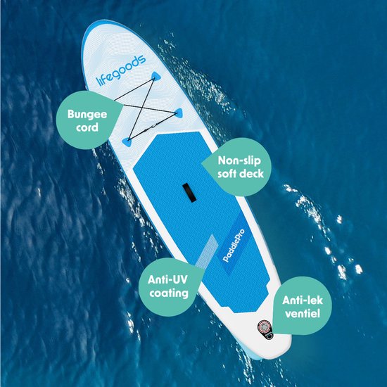 LifeGoods SUP Board Allround Compact - 100 KG Draagkracht - 300 x 76 cm - Opblaasbaar - Compleet SUP pakket - Wit/Sky Blue