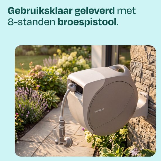 VONROC Automatische slanghaspel – wandslangbox – Incl. 20m premium tuinslang, 8-standen broespistool en koppelingen – beige