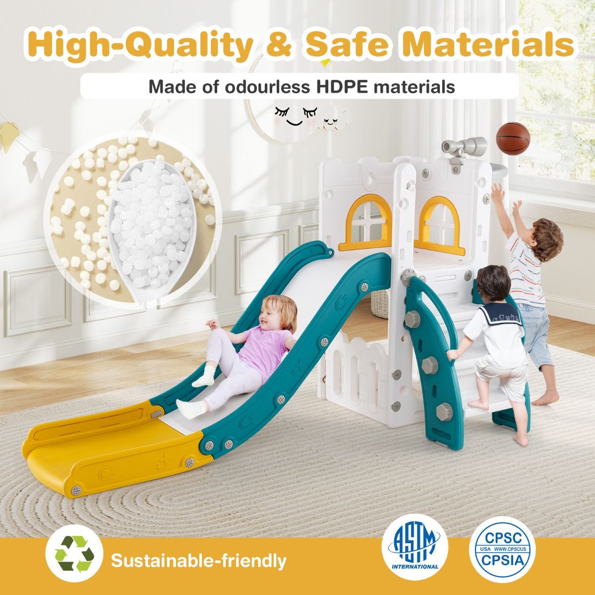 Coast 6-in-1 Kinderglijbaan - met basketbalring en telescoop - L-vorm - groen