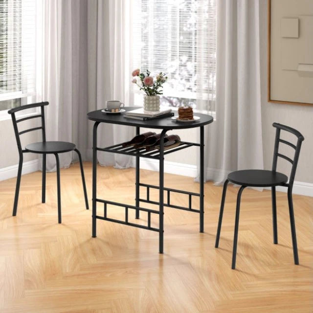 Coast Eettafelset Zwart – 3-Delige Bartafelset met 2 Stoelen en Wijnrek – Tafel 80 x 53 x 77 cm