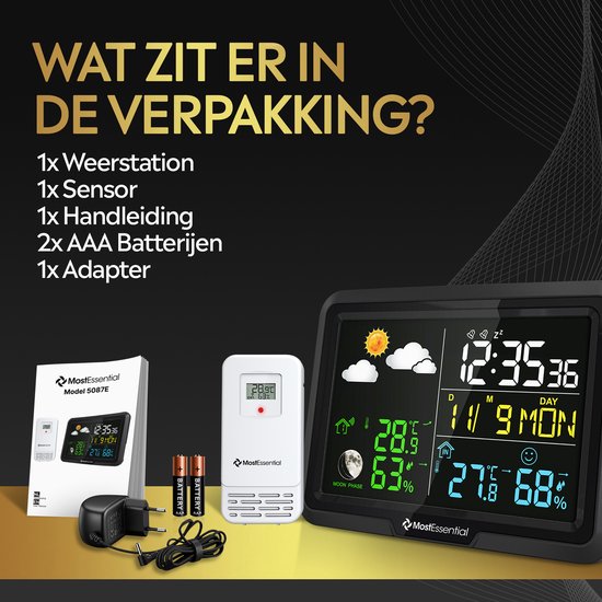 MostEssential Classic Edition Weerstation - Plug & Play Installatie - Draadloos - Weerstation met Buitensensor - Hygrometer - Binnen en Buiten - 100 Meter Bereik - 1 sensor