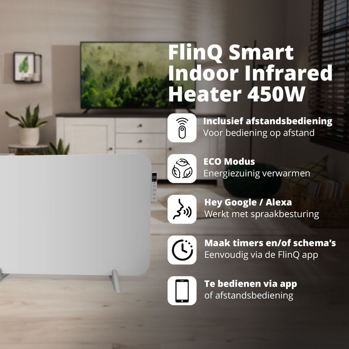 FlinQ Slimme Verwarmingspaneel - Infrarood -  450 W - 12 m² - Incl. Thermostaat - 45 x 72,5 x 2,8 cm. -Wit
