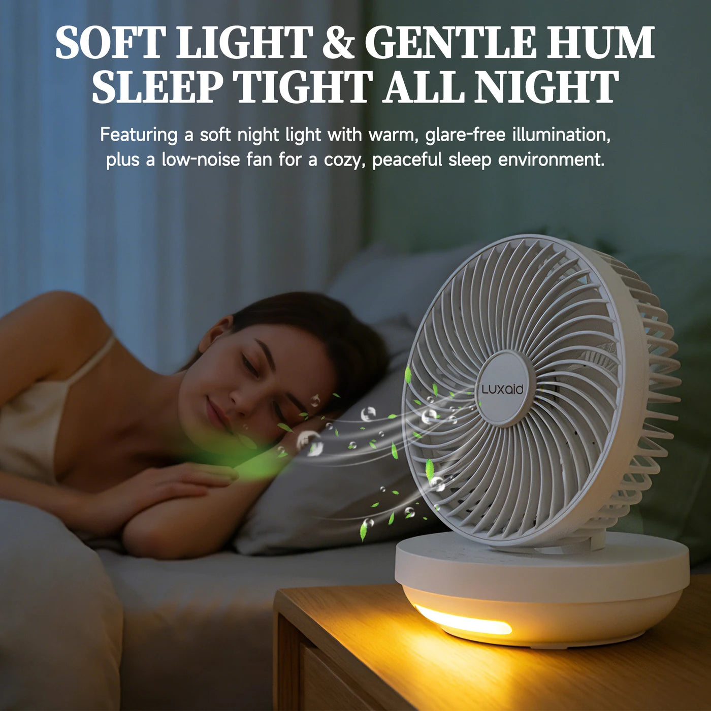 Luxaid Foldable Desk Fan with Remote, 4000 mAh Battery, Type-C Charging, 3 Speeds, 4 H Timer, Night Light, Wall-Mounted, Portable & Compact