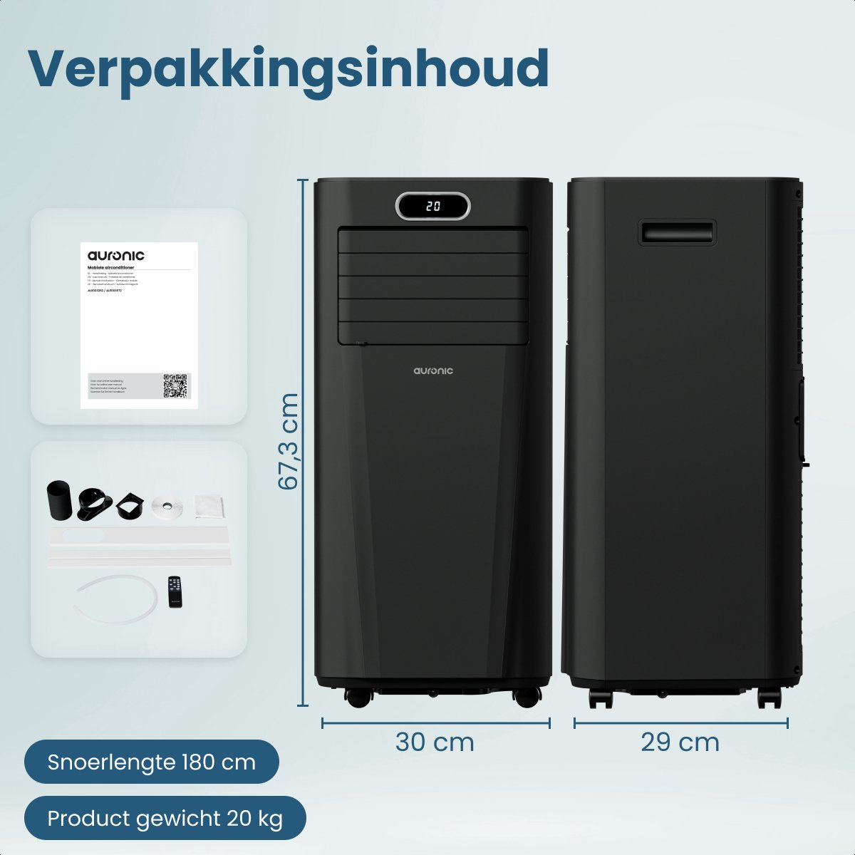 Auronic Mobiele Airco Zwart- 7000 BTU - Tot 20 m² - 3-in-1 - Met Raamafdichtingskits