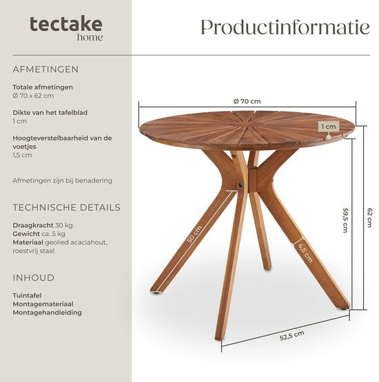 tectake® Ronde Houten Tuintafel - Ø70 x 62 cm - Acaciahout - Weerbestendig - Buitentafel - Bistrotafel - Bijzettafel - Tafeltje voor Balkon en Terras - Ook voor Binnen