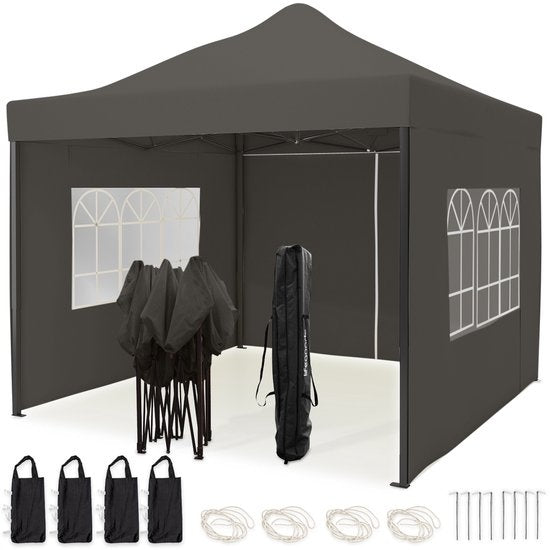 LifeGoods Partytent - 3x3 m - Antraciet - Easy Up Paviljoen met Zijwanden - Draagtas