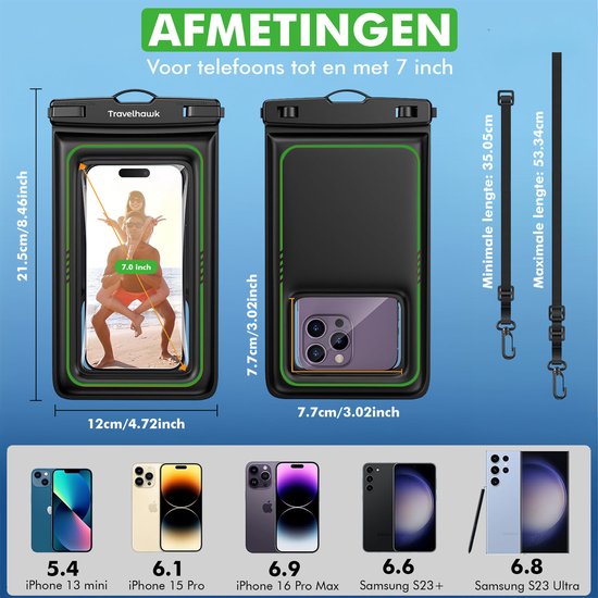 Travelhawk Waterdichte Telefoonhoesjes - Drybag Set van 2 stuks - Onderwater Hoesje - Waterdichte telefoonzakje - Geschikt voor alle Smartphones - Ook voor paspoort & betaalpassen - Doorzichtig - Water - Vakantie - Zwemmen - Telefoon - Waterdicht