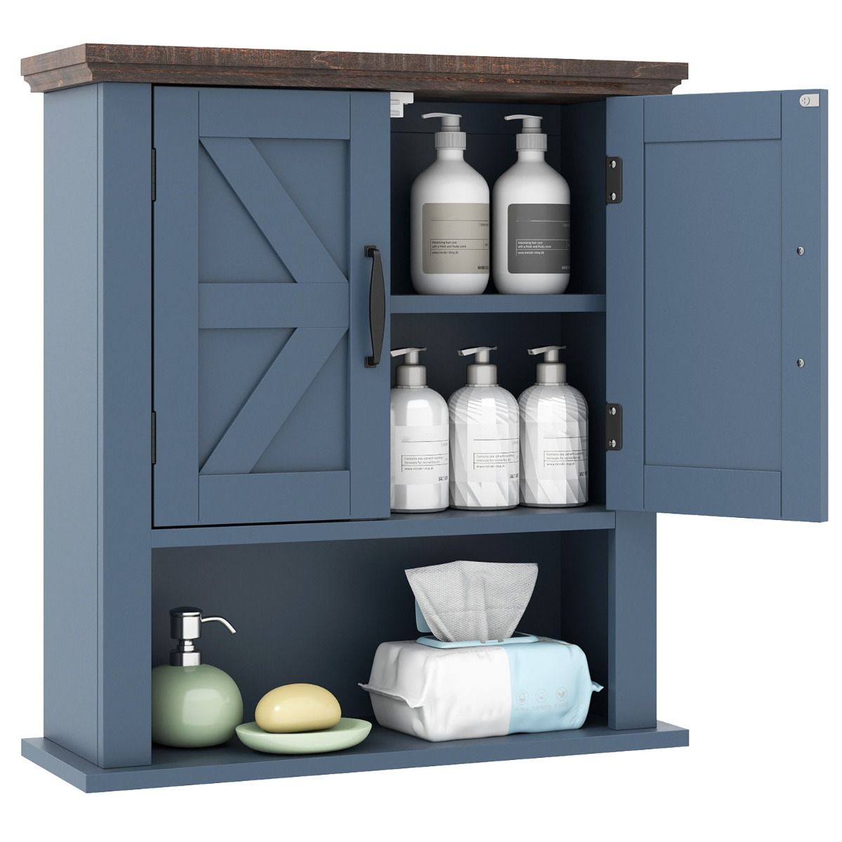 Coast wandkast hout - verstelbare legplanken - deuren en open opbergvak - marineblauw 55 x 19 x 60 cm