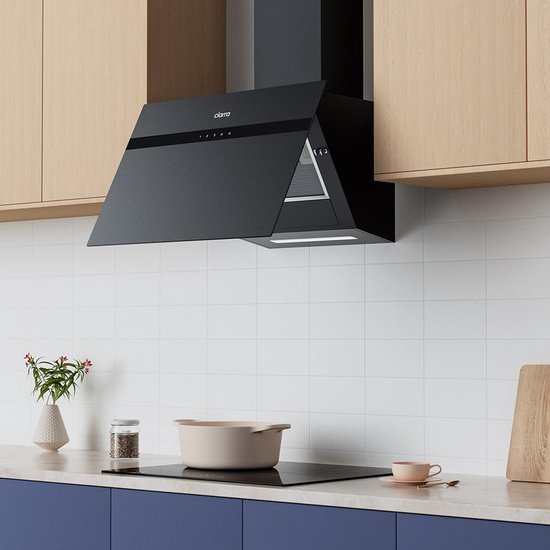 CIARRA CBCG6736H-G 60cm Schuine Afzuigkap Zwart – Melkglas met anti-vingerafdruk – met WiFi - inclusief set koolstoffilters – 650m3 - energieklasse A+++