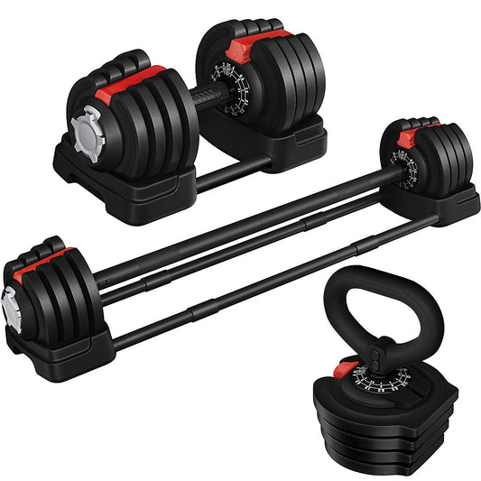 Yaheetech Verstelbare 3-in-1 Dumbbell Kettlebell en Halter - 12 Gewichtsstanden - 1 tot 19 kg - 39,5 x 19,5 cm - Zwart en Rood
