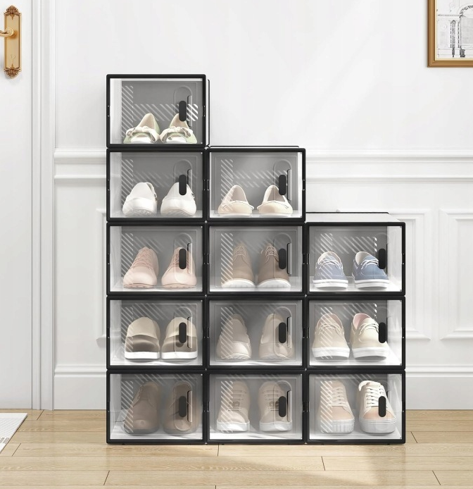 WOLTU Schoenenkast Transparant Zwart - Set van 12 Stapelbare Dozen 35x25x19 cm