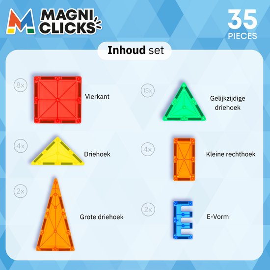 MagniClicks Magnetic Tiles 35 stuks - Magnetisch Speelgoed - Montessori - Magnetische Tegels - Bouwblokken