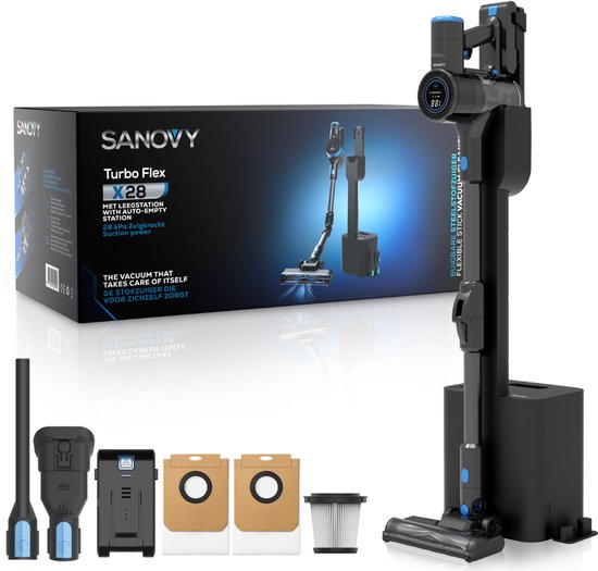 Sanovy AutoDock X28 Steelstofzuiger met Leegstation - Draadloos - Op Accu - 350W - 28Kpa - Met Opzetstukken - Draadloze Stofzuiger Zonder Zak
