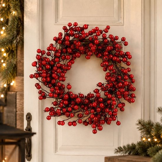 Mica Decorations Kerstkrans met Rode Besjes - Kerstversiering voor Kerst - Deurkrans voor Binnen - Feestelijke Kerstdecoratie van Foam - Diameter 40 x Hoogte 10 cm - Rood