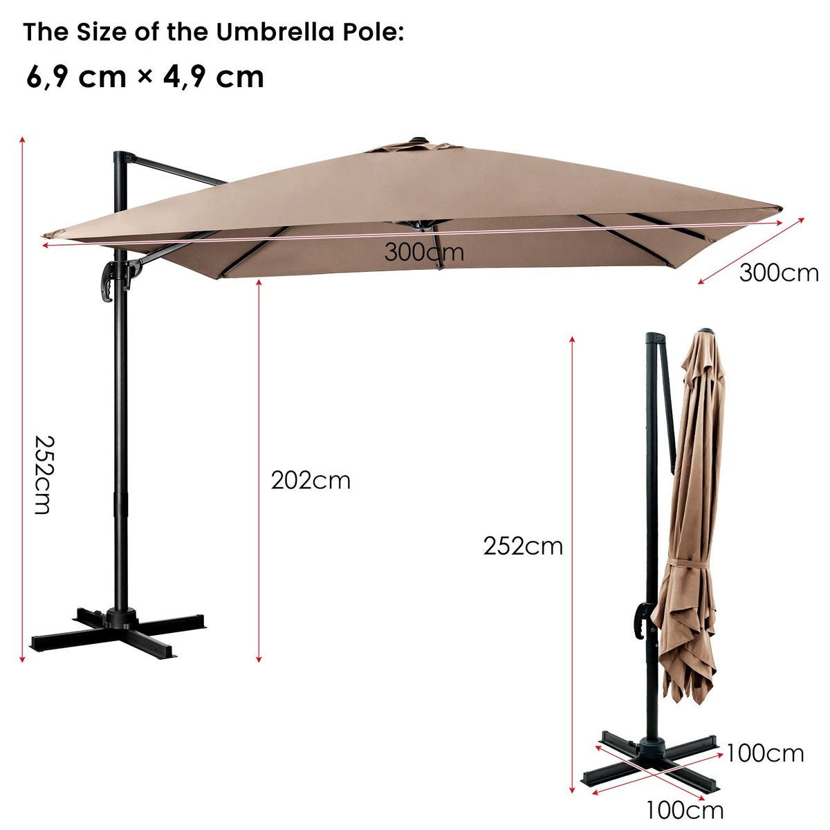 Coast zweefparasol - 360° draaibaar en kantelbaar - 300 x 300 cm - beige