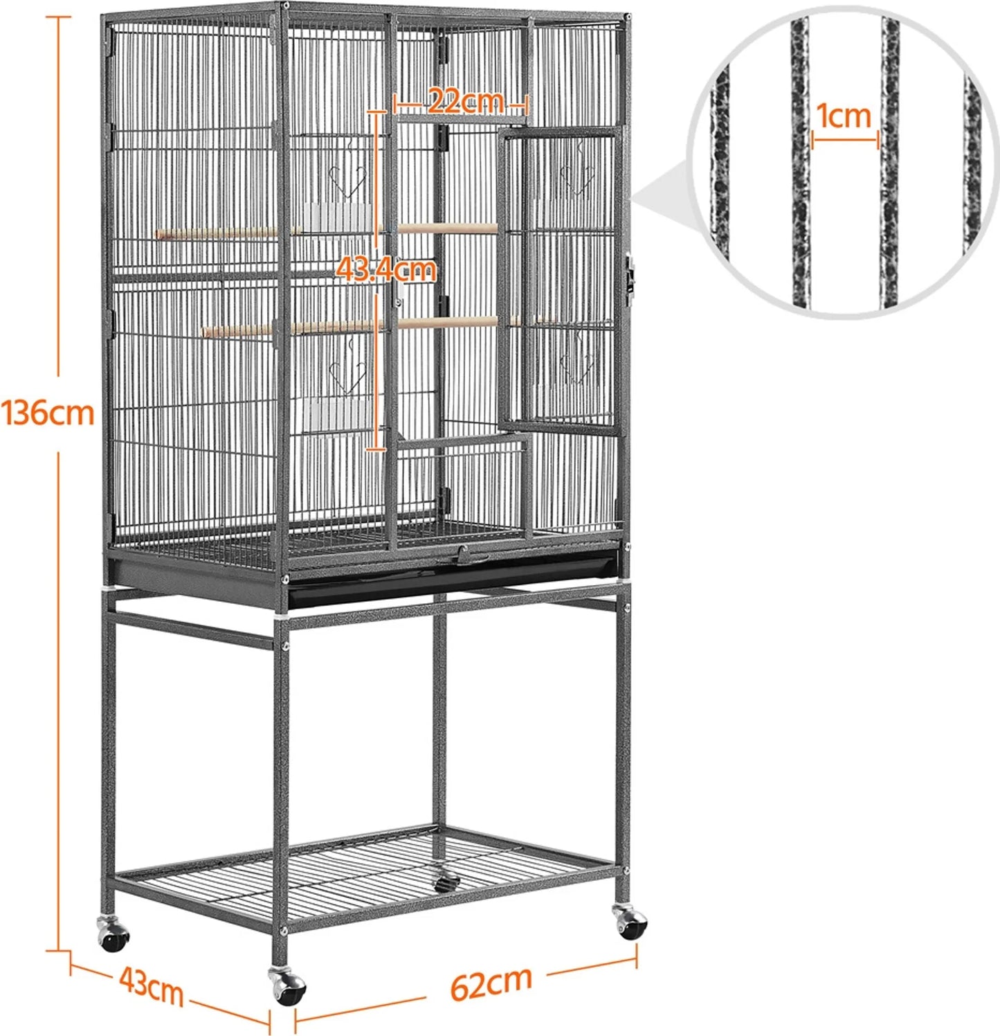 Yaheetech Vogelkooi Met Verrijdbaar Onderstel – Voorzien Van Uitneembare Lade En Extra Opbergplank En 4 Voerbakjes – Voor Parkieten Vinken En Kanaries – Zwart Gepoedercoat Metaal – 61 x 43 x 136 cm