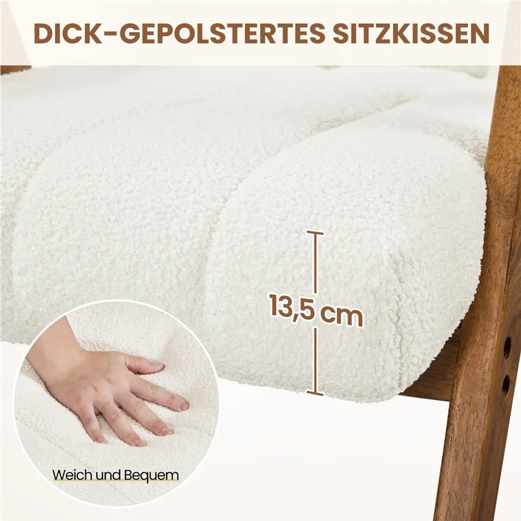 Yaheetech Fauteuil Wit – Bouclé Loungestoel met Armleuningen en Houten Poten – 60,5 x 68,5 x 73 cm