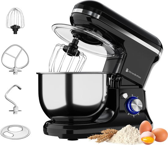 KitchenBrothers Keukenmachine & Mixer – 1200W – 5L RVS Mengkom – 6 Snelheden & Pulse – 36,9 x 23,1 x 33,4 cm – Zwart
