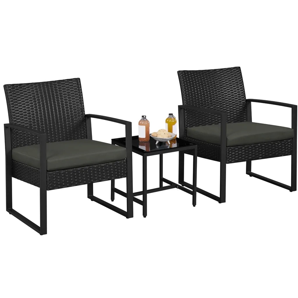 Yaheetech Tuinmeubelset 3-delig - Zwart/Grijs - Polyrattan Balkonset met Bijzettafel