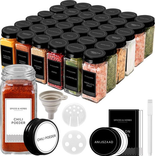 S.oud 36 Glazen Kruidenpotjes Vierkant met Deksel en Stickers - Kruidenstrooier - Kruidenglasjes - Complete set met 2 Soorten Strooideksels, Voorbedrukte Stickers en Trechter - 120 mL