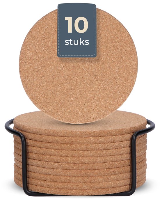 Castagnola Onderzetters - Kurk Onderzetters voor Glazen - Glasonderzetters met Houder - Coasters - Absorberend en Hittebestendig - 10 Stuks