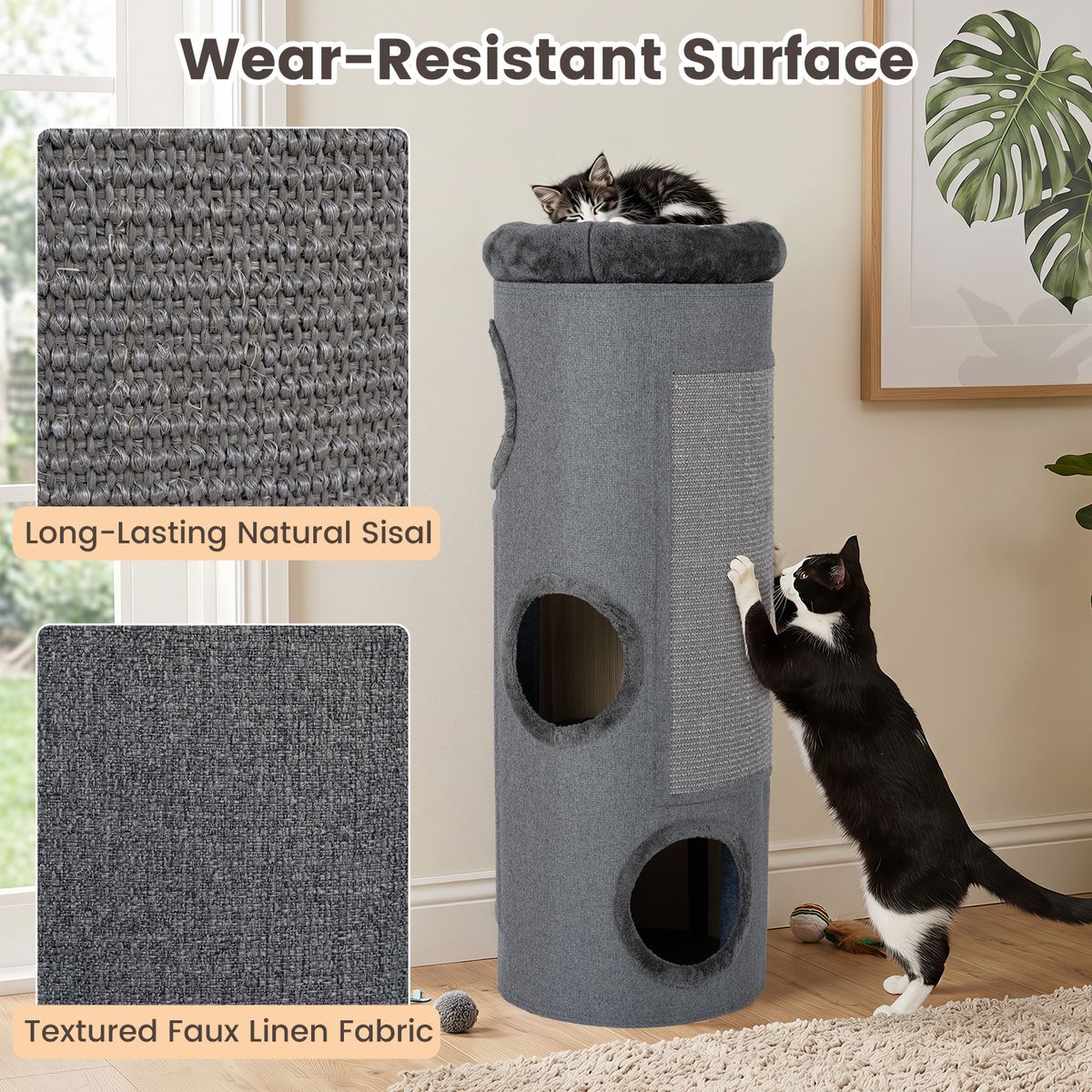 Coast Vierlaags Kattenhuis - tonvormig kattenmeubel - met sisal krabplank en pluchen bed - donkergrijs 43 x 43 x 113 cm