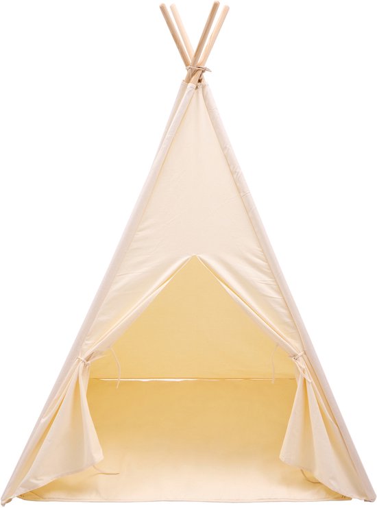 Sunny Vera Tipi Tent Crème voor kinderen – Wigwam Speeltent met raam van katoen – Tipi tent kinderen met Vloermat – 110x110x160cm – Stokken van hout