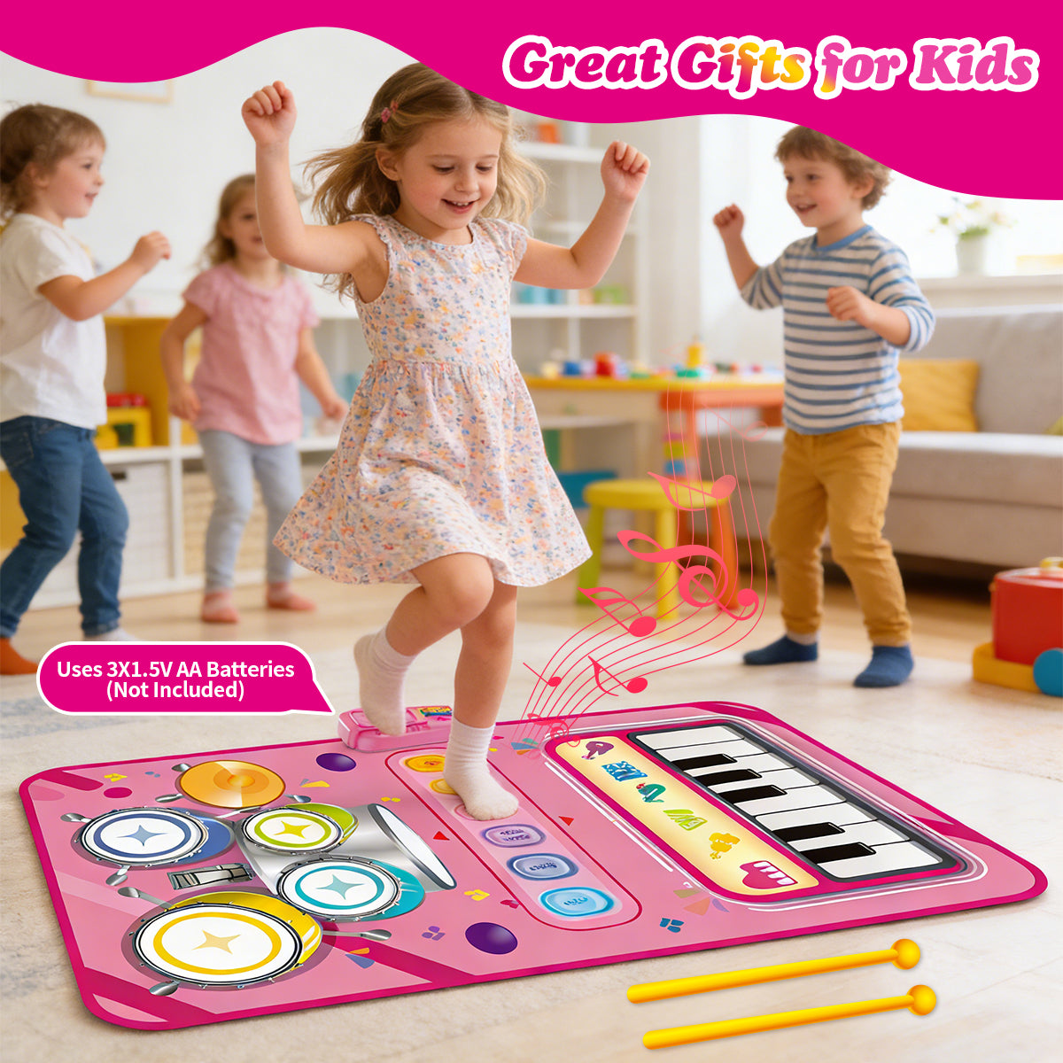 2-in-1 Muziekmat voor Kinderen – Piano & Drums – 33 Geluiden – 80 x 50 cm