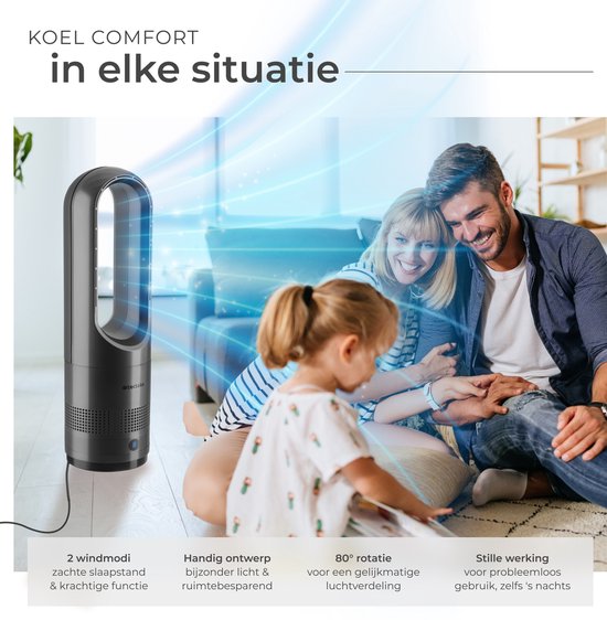 tectake® Torenventilator Polar - Kolomventilator inclusief Afstandsbediening - 8 Snelheidsstanden en Timer - 80° Draaifunctie - Stille Ventilator (35-55dB) - Staand met LED Bedieningspaneel - 55,5 cm Hoog - Luchtkoeler - Antraciet