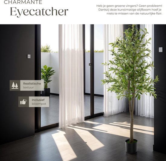 tectake® Kunstmatige Olijfboom Oleand – Mediterrane Kunstplant met Realistische Bladeren en Olijven – Onderhoudsvriendelijk en Veelzijdig – Inclusief Stevige Bloempot – Hoogte: 180 cm