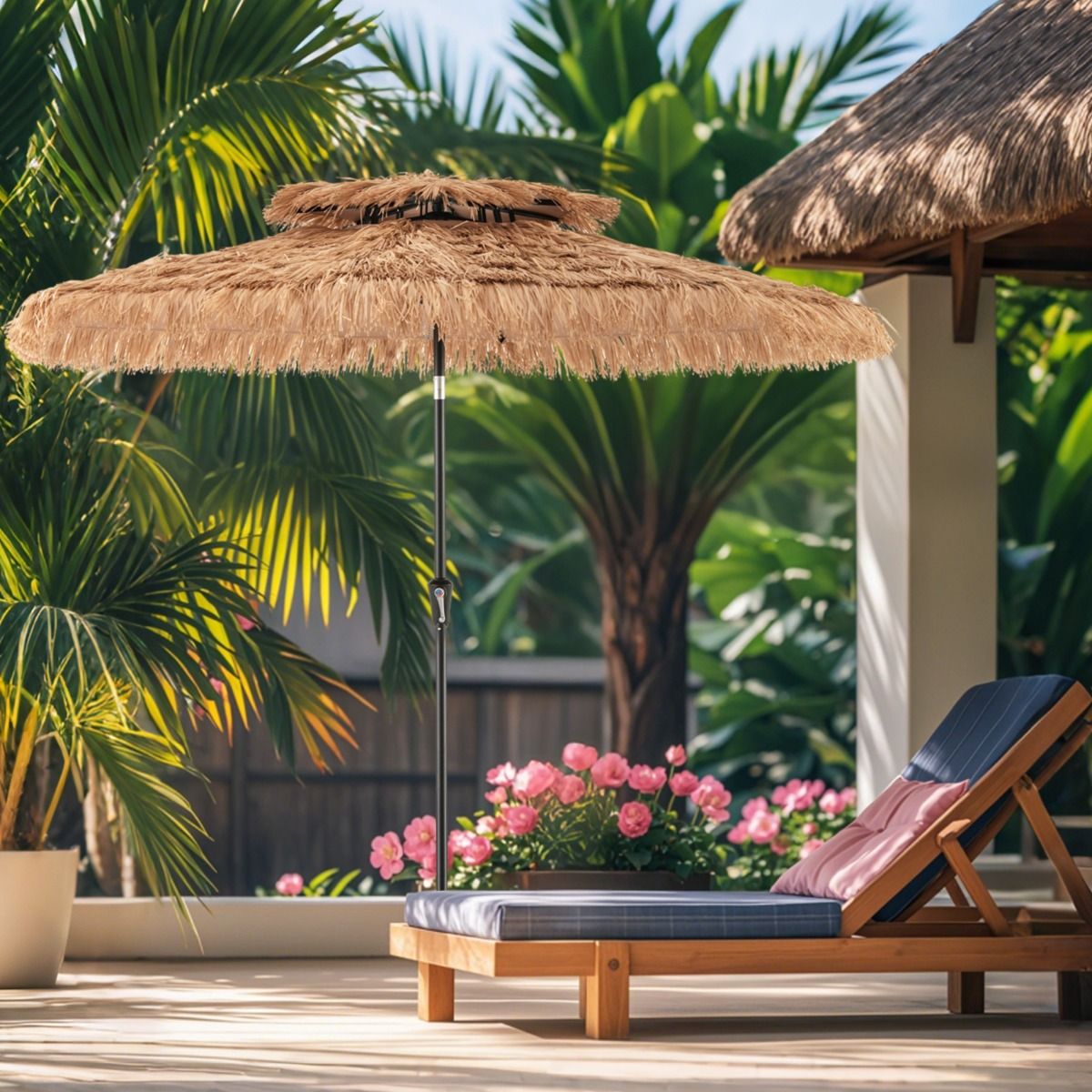 Coast Hawaïaanse Rieten Tiki Parasol 267x247 cm – Natuurlijke Terrasparasol met Zwengel, Kantelmechanisme & 8 Stevige Baleinen