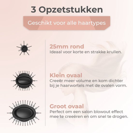 Flaire ROSÉ Föhnborstel met 2 Opzetstukken - Keramische Krulborstel - Ionisch - 1200W - Zwart