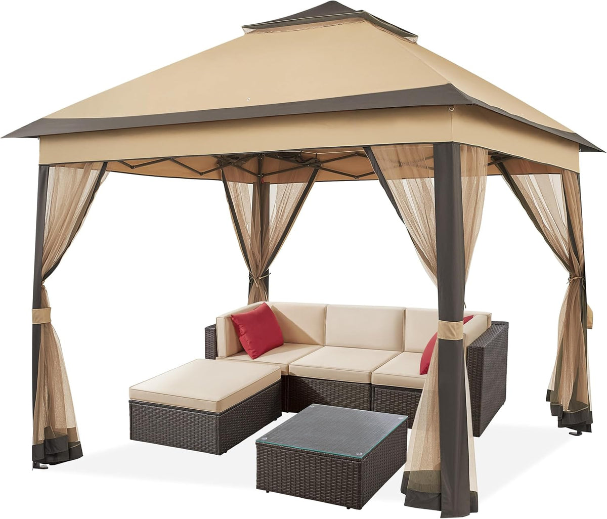 Yaheetech Pop-up Paviljoen 3,3 × 3,3 m met 4 Mesh Zijwanden en Draagtas Khaki/Bruin