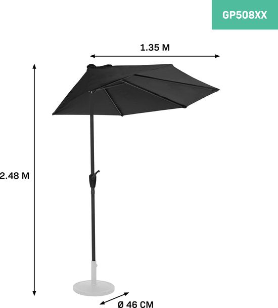 VONROC Balkonparasol Magione Halfrond – Voorzien Van Opdraaimechanisme Met Hendel En Upf 50 Plus Doek En Ritsbare Beschermhoes – Voor Balkon En Patio – Zwart Polyester En Staal – 270x135 cm