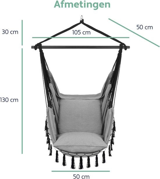 Vita5 XXL Hangstoel – Incl. 2 Kussens en Boekenvak – max. 225 kg – Grijs
