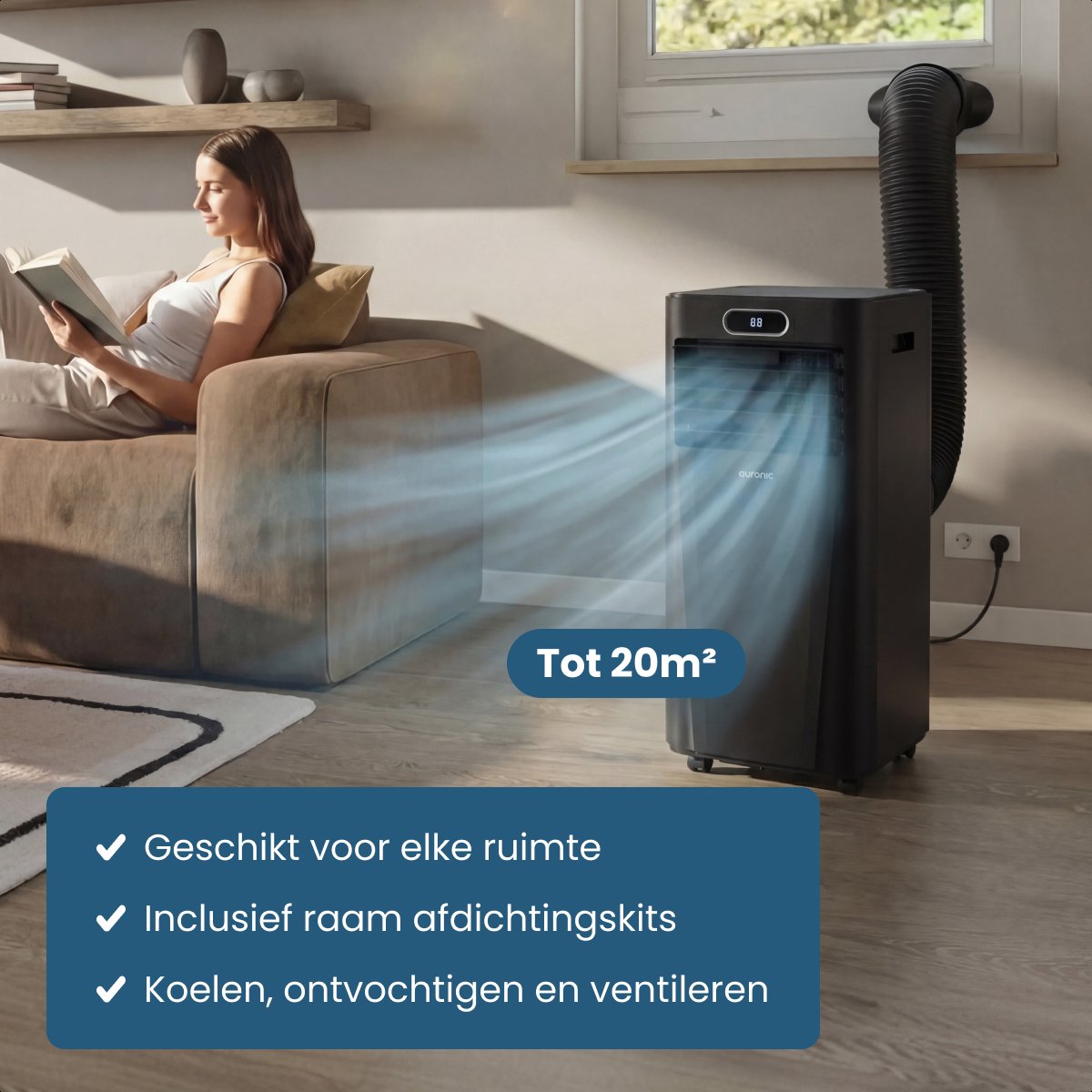 Auronic Mobiele Airco Zwart- 7000 BTU - Tot 20 m² - 3-in-1 - Met Raamafdichtingskits