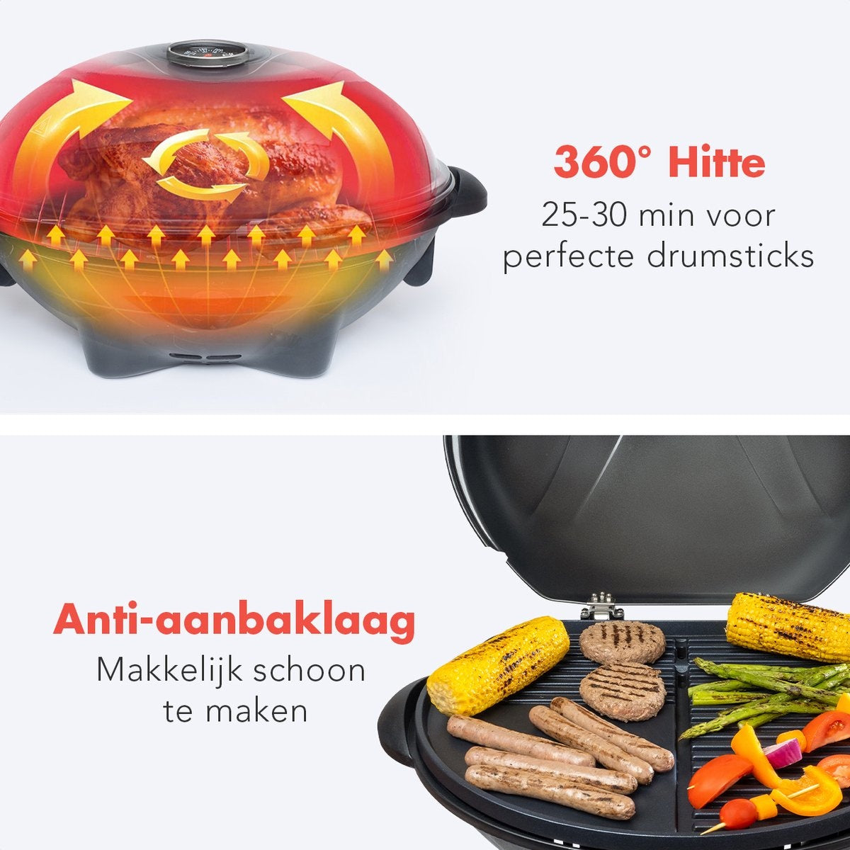 KitchenBrothers Elektrische BBQ - met Wielen - Opvouwbaar - Anti-aanbaklaag - 46,5 x 33,8cm - tot 250°C - 2400W - Zwart