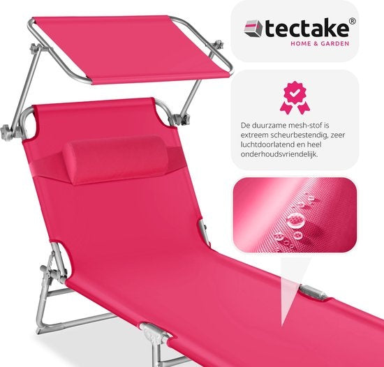 tectake® - ligstoel, robuust, verstelbaar, stalen onderstel met zonnescherm, 4-standen rugleuning inclusief hoofdkussen, strandstoel Ideaal voor tuin, zwembad, camping– pink - 68 x 190 x 28 cm