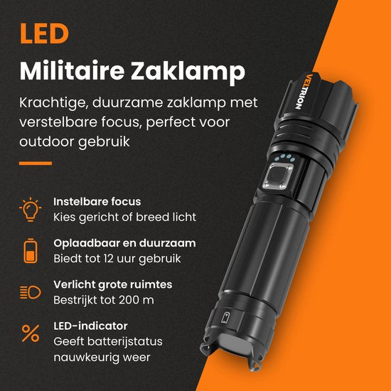 Veltrion Zaklamp LED Oplaadbaar - Gratis Accessoires - Militaire Zaklamp - 6000 Lumen - 26650 Batterij - 5 Standen - Powerbank Functie - Zaklamp op Batterijen - Noodpakket