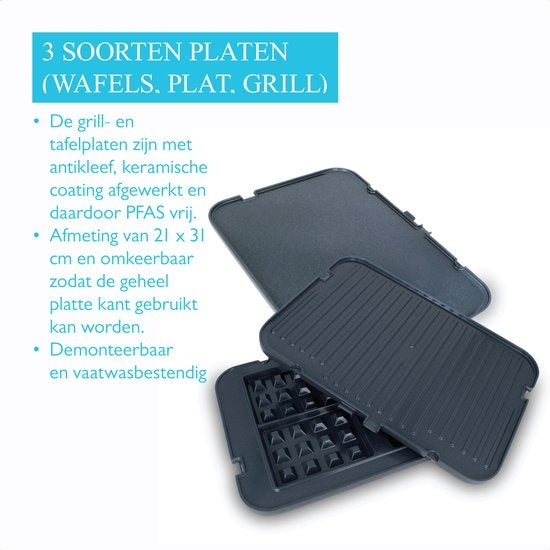Wartmann WM-2208 CG, Keramische contact grill, tosti apparaat, wafelijzer, PFAS vrij, RVS.