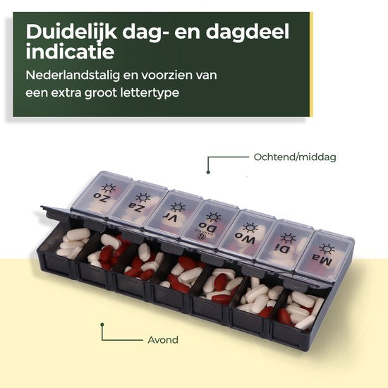 Gandria Pillendoos 7 Dagen - Pillendoosje - Pillesdoosjes met 14 Compartimenten - Medicijndoos met Stevige Sluiting - Grote vakken - Zwart