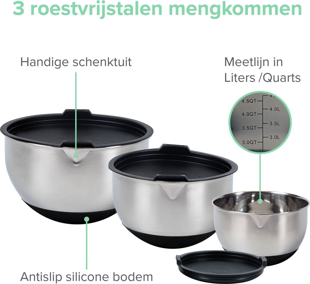 Coninx Mengkommen Set 3-Delig - Beslagkommen met Deksel - Antislip - Maataanduiding - Schenktuit - RVS