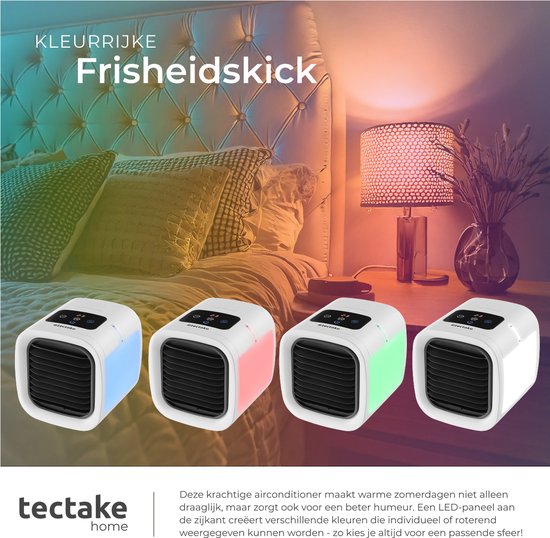 tectake® Aircooler Frosty met LED-Verlichting - 2 Koelstanden - 8W - 3-in-1 Luchtkoeler met Waterreservoir - Zonder Afvoerslang - Inclusief USB-Kabel en Trechter - Mini Airco - Wit
